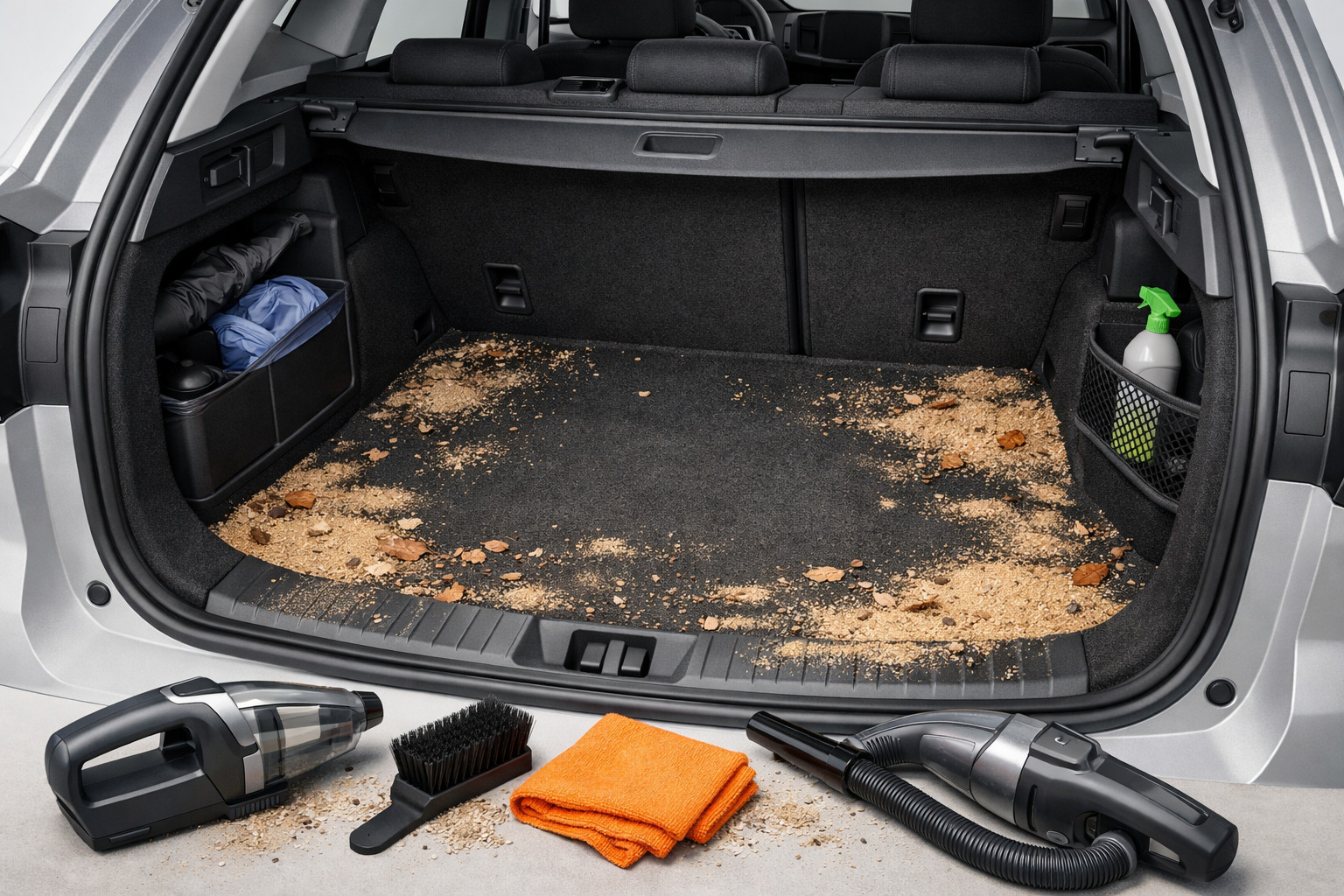 Schmutz und Sand im Kofferraum nach täglichen Fahrten entfernen