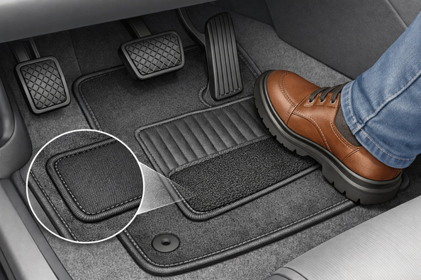So verlängerst du die Lebensdauer der Fahrermatte, wenn Schuhe die Ecke am Pedalbereich abnutzen