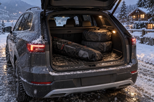 Kofferraummatte im Winter: Schnee von Skiern und Reifen, Salz, Tannenbaum — Gummi, EVA oder Textil Foto 2