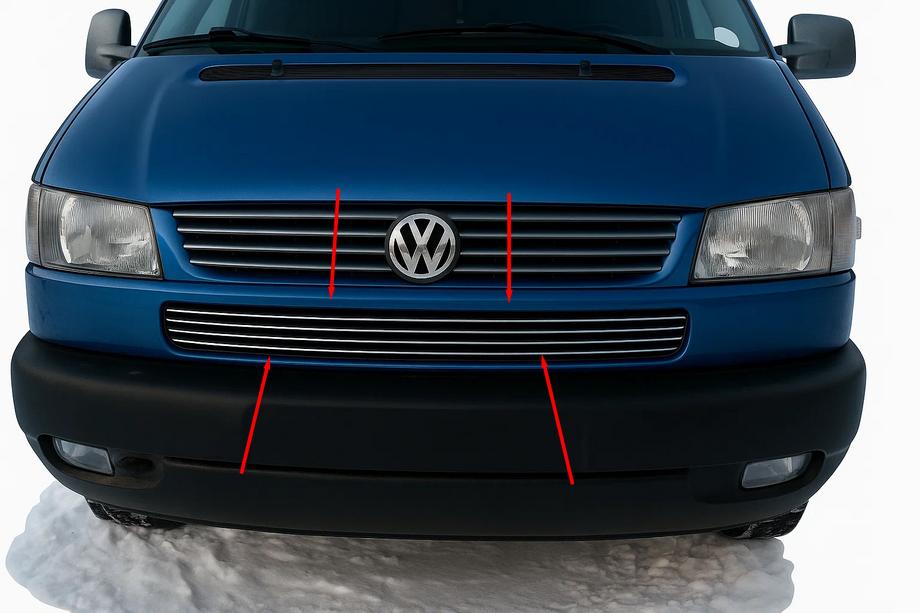 Volkswagen T4 Caravelle/Multivan 1990–2003 Zierleisten fur den unteren Kuhlergrill Schraghaube (4 Stk, Edelstahl) Image